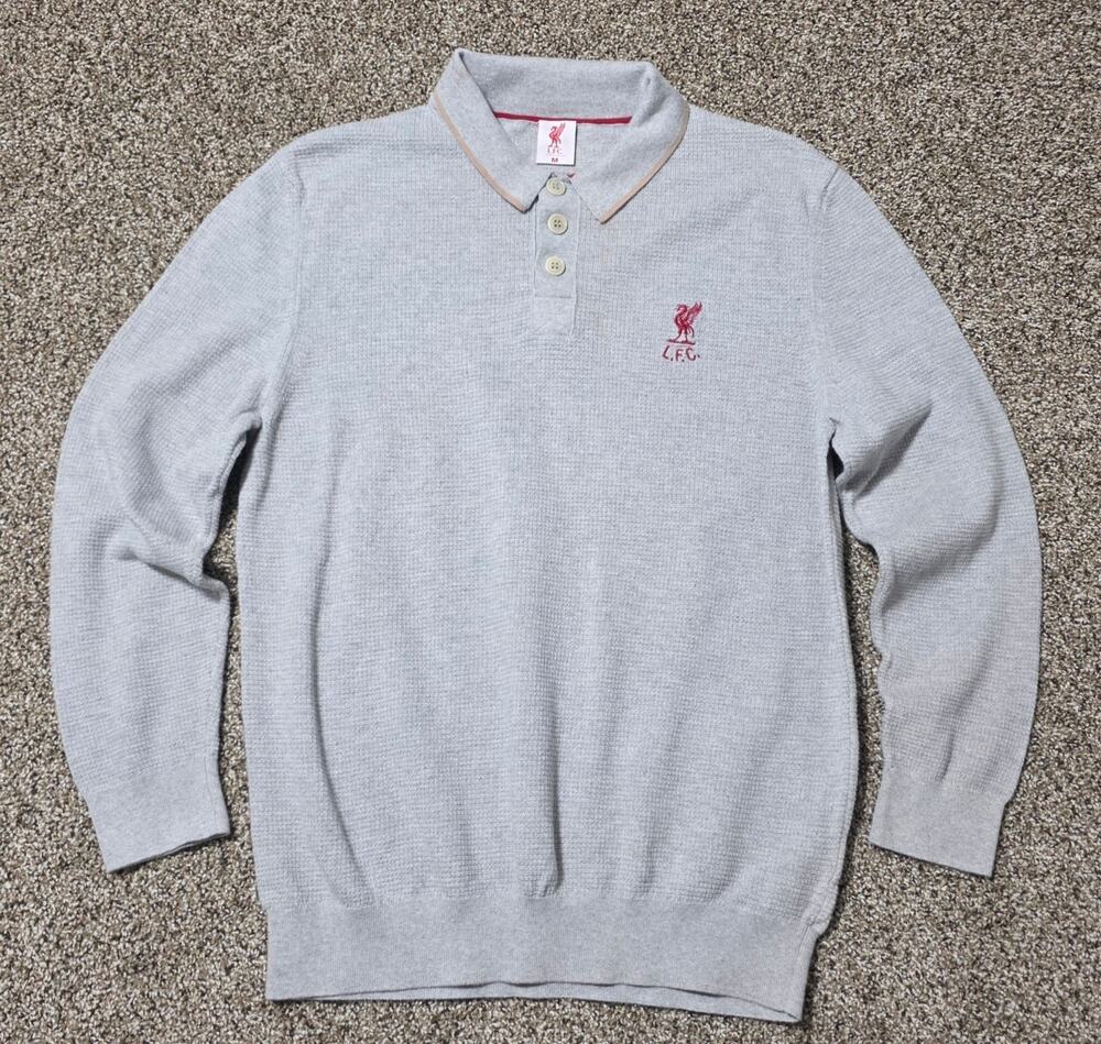 Official Liverpool FC Mens Polo Shirt Sweater Medium Gray Waffle Knit LFC
